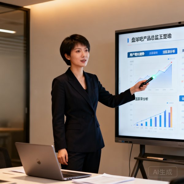 盘球吧产品总监王楚瑜，干练短发，正在讲解数据